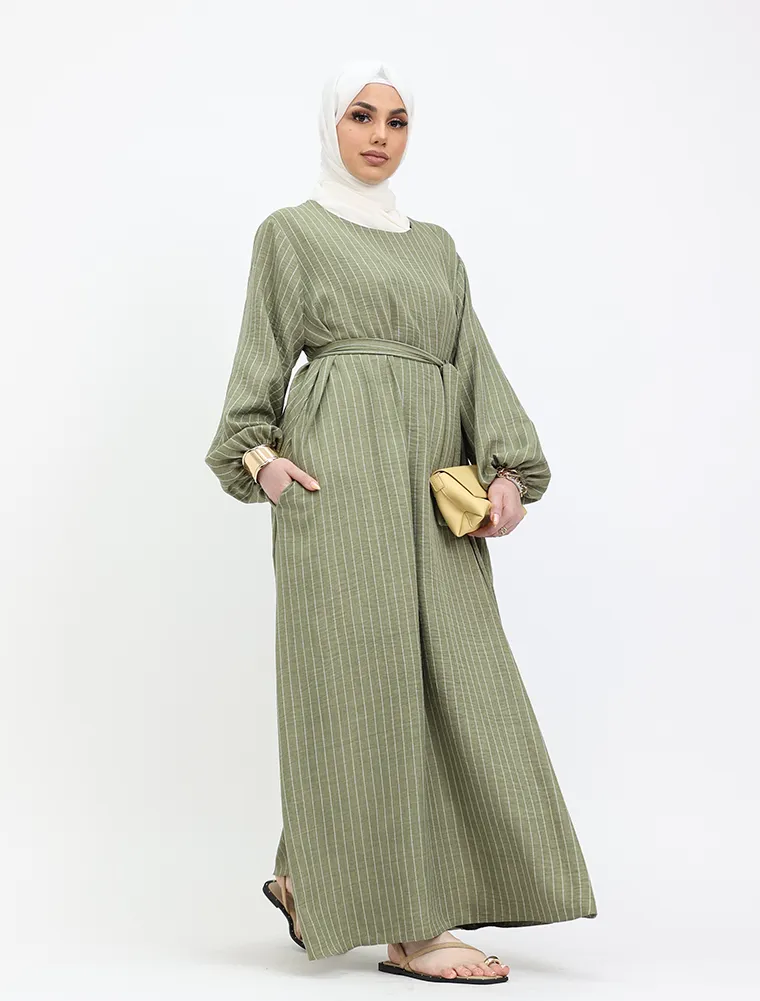 Khaki Stripe Linen Feel Essential Abaya
